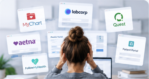 Frustrated patient surrounded by MyChart, Labcorp, Quest, Aetna, FollowMyHealth, and patient portals