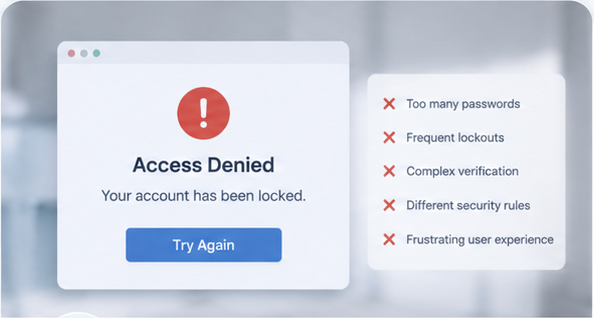 Access denied screen showing account lockout, password, verification, and security-rule frustrations