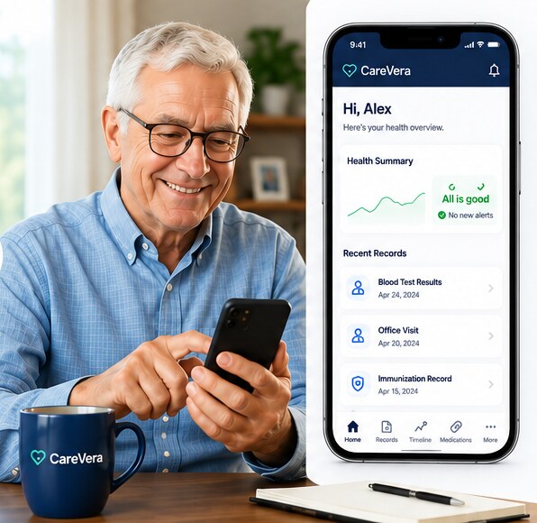 A man at his kitchen table using the CareVera app on his phone, which shows his health summary and recent records — a blood test result, an office visit and an immunization record — on one screen.